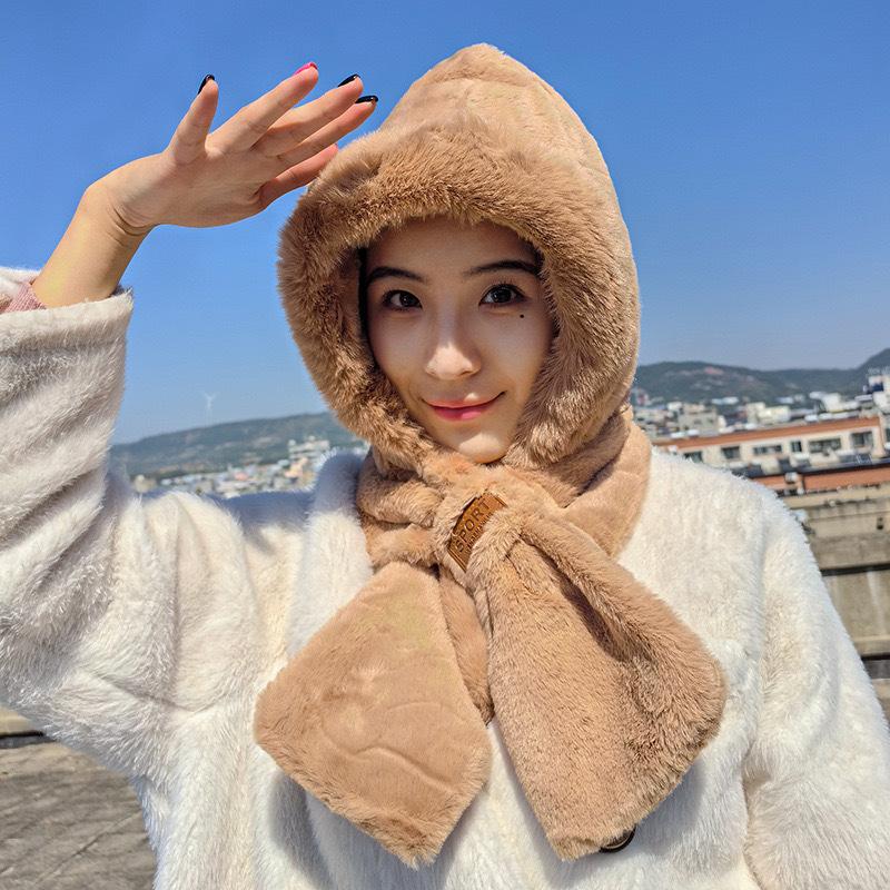 Scarf Hat Integrated Autumn and Winter Warm Plush Thickened Imitation Rabbit Fur Cute Ear Protection Hat