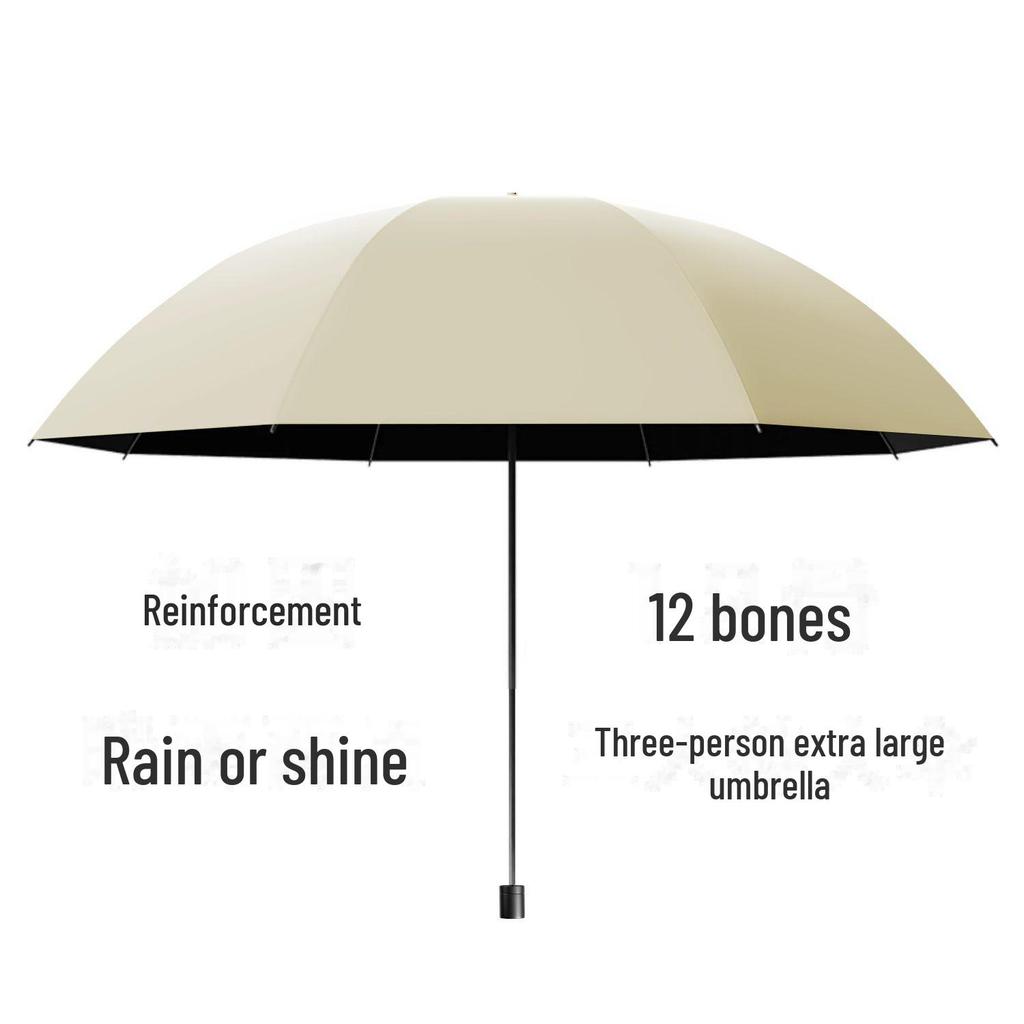 Twelve-Bone Folding Sunshade Umbrella - Large, Black, Logo-Printed for Sun and Rain Protection