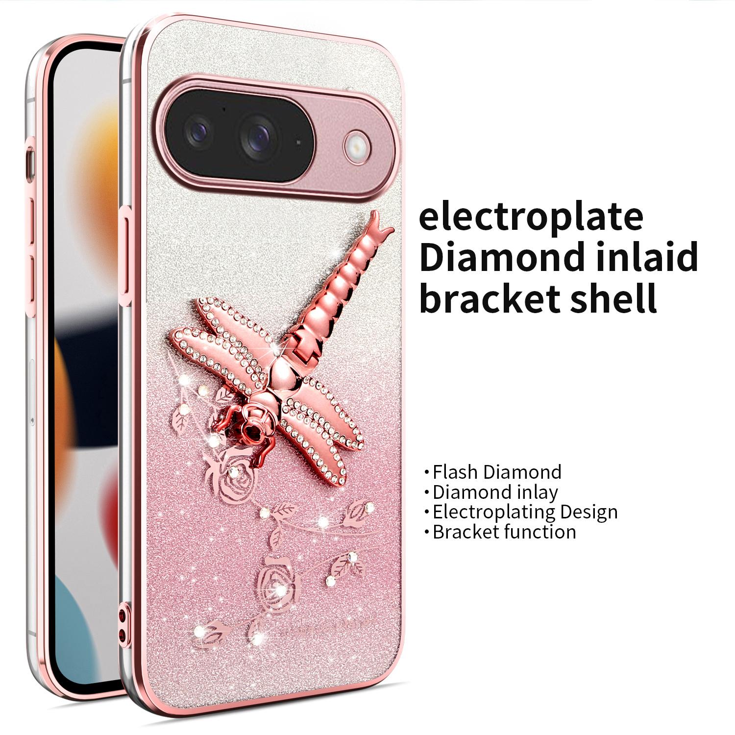 

KADEM For Google Pixel 10/10 Pro Case Dragonfly Kickstand TPU Flowers Glitter Phone Cover Pink