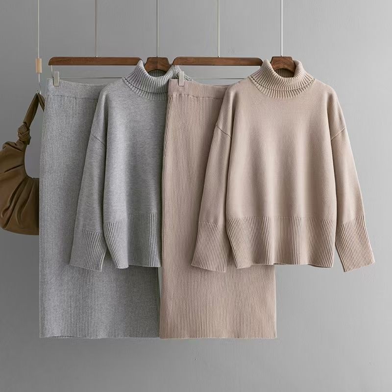 Western Style Knitted Turtleneck sweater Skirt sets High Neck Sweater and Skirt Set