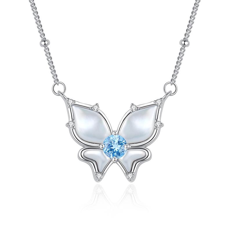 S925 Sterling Silver Butterfly Necklace, Inlaid Natural Crystal, Multi-color Optional, Elegant Clavicle Chain Jewelry for Women, Gift for Girlfriend