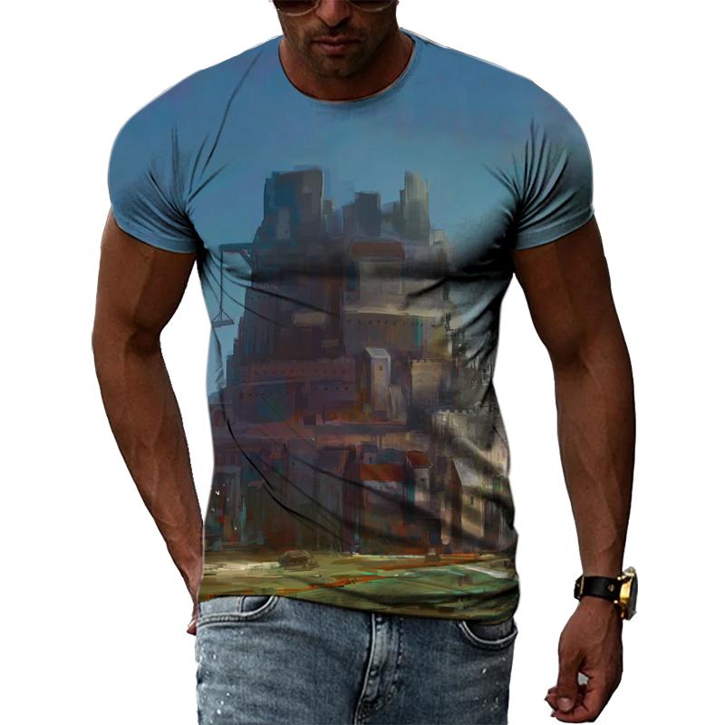 Zajímavé Kreativní Kresba Hrad Krajina Muži Trička 3D Móda Ležérní Osobnost Hip Hop Harajuku Potisk Tričko s krátkým rukávem