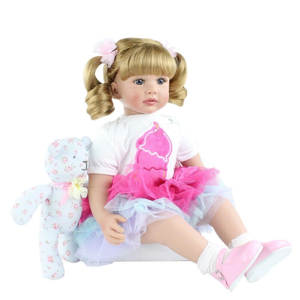 BZDOLL 60cm Silicone Reborn Baby Doll Toy For Girl 24 Inch Long Hair Princess Toddler With Bear Dress Up Play House Bebe Birthday Gift