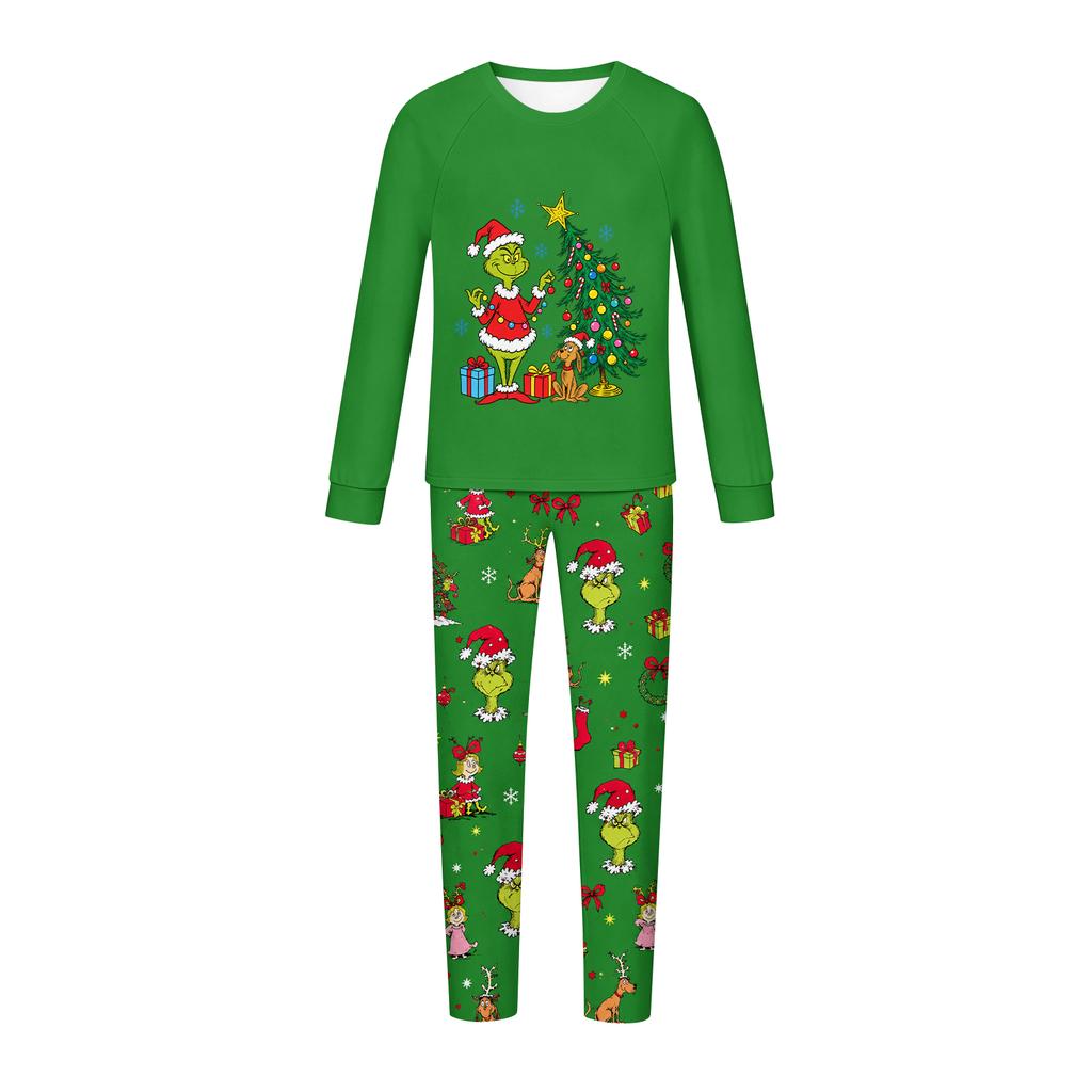Parent-Child Matching Christmas Print Loungewear Set, Long Sleeve Top and Uncuffed Pants with Raglan Sleeves
