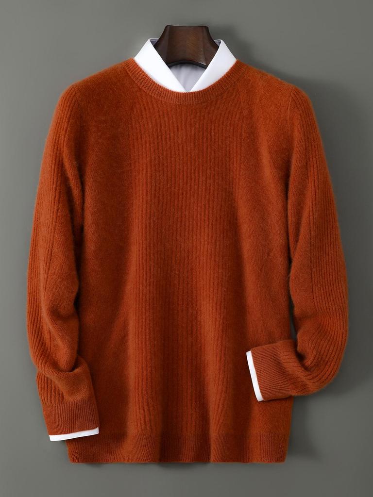 Men's High-Quality 100% Wool Round Neck Sweater, Vertical Ribbed Knit, Soft and Luxurious Thick Base Layer