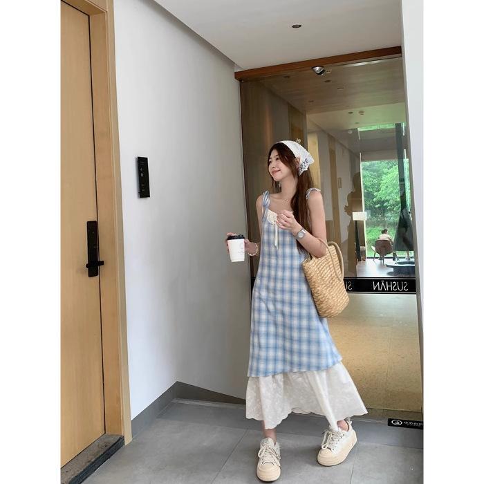 

[Welcome to Kanban] Red fake two-piece plaid lace suspender dress women s summer seaside vacation dress S