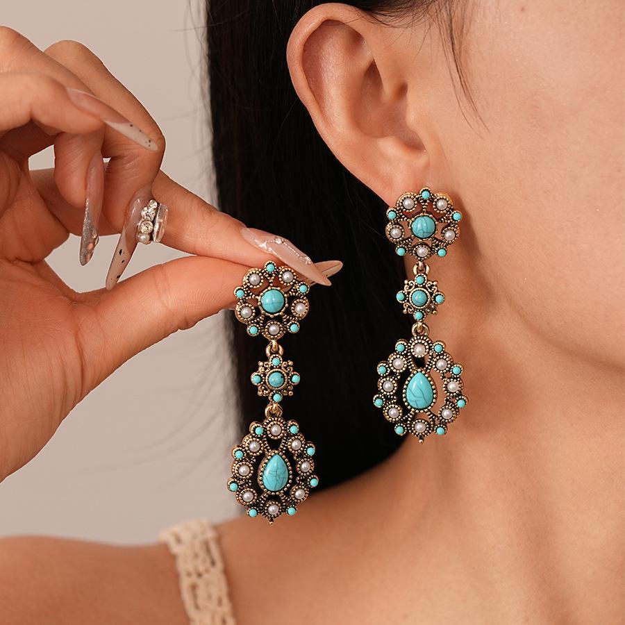 Retro artificial turquoise imitation pearl flower-shaped water drop silver needle earrings French court style earrings