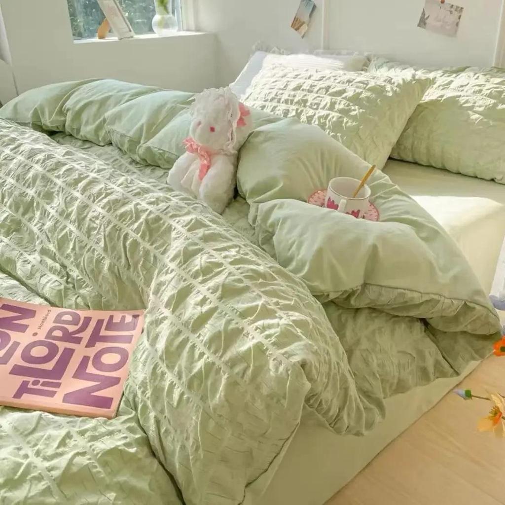 Juego de Ropa de Cama de Princesa Estilo Francés Algodón Lavado Color Sólido Seersucker Verano Suave Nuevo 2024 Juego de Sábanas Juego de Funda Nórdica