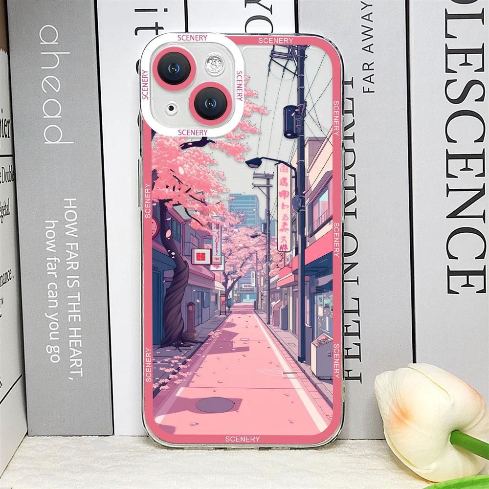 Japanese Landscape Cherry Blossoms Phone Case for IPhone 11 12 13 14 15 16 Pro Max Mini XS X 7 8 14Plus Clear Soft Scenery Cover