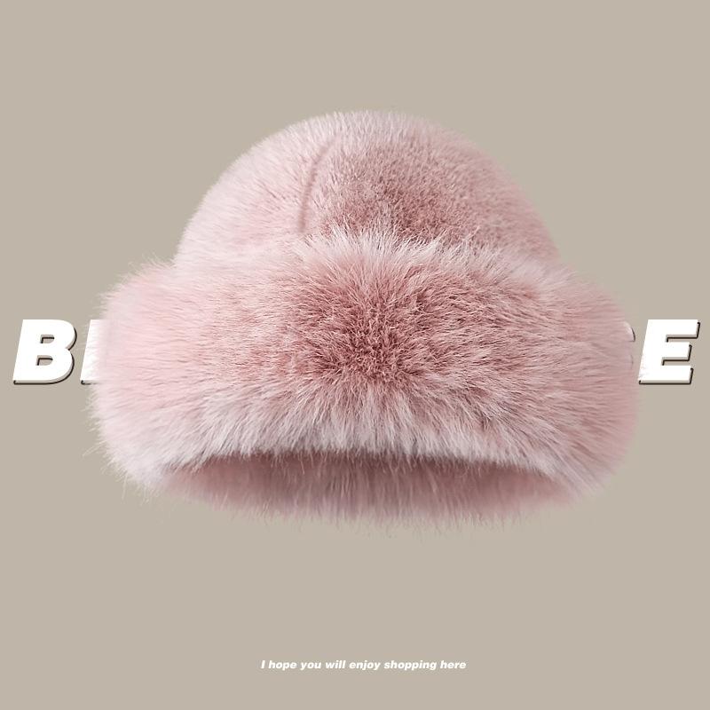 Imitation Fox Hair Plush Hat Female Winter Face Small Thickened Warm Bucket Hat Big Head Circumference Cold Basin Hat