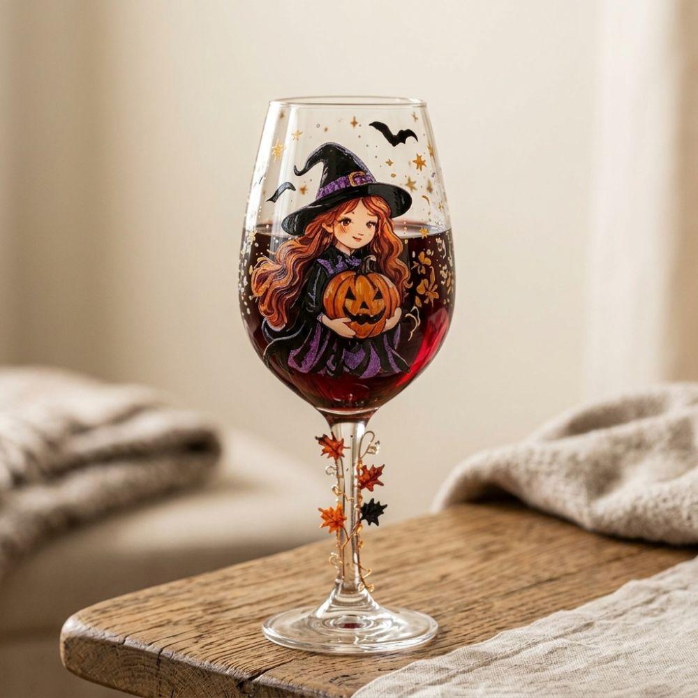 Coppa da Vino Zucca Strega Dipinta a Mano Vetro Trasparente Floreale Acqua Acero Decorazione Tavola