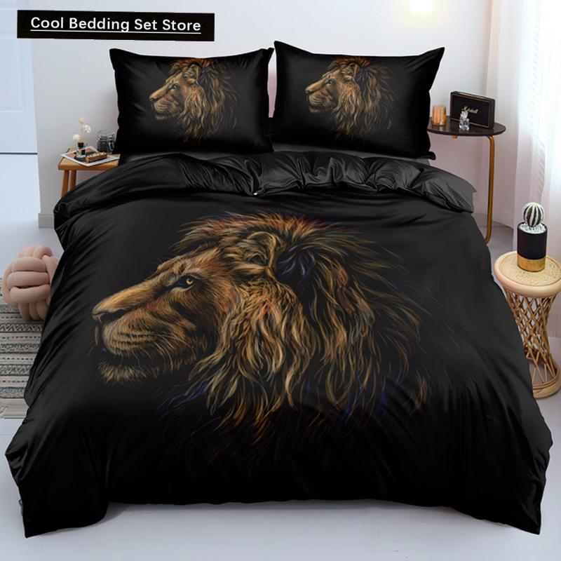 Comforter Lion Tiger King Queen Lovely Wild Animals Bedding Set For Kids Teens Adults Wildlife Grey Black 2/3Pcs
