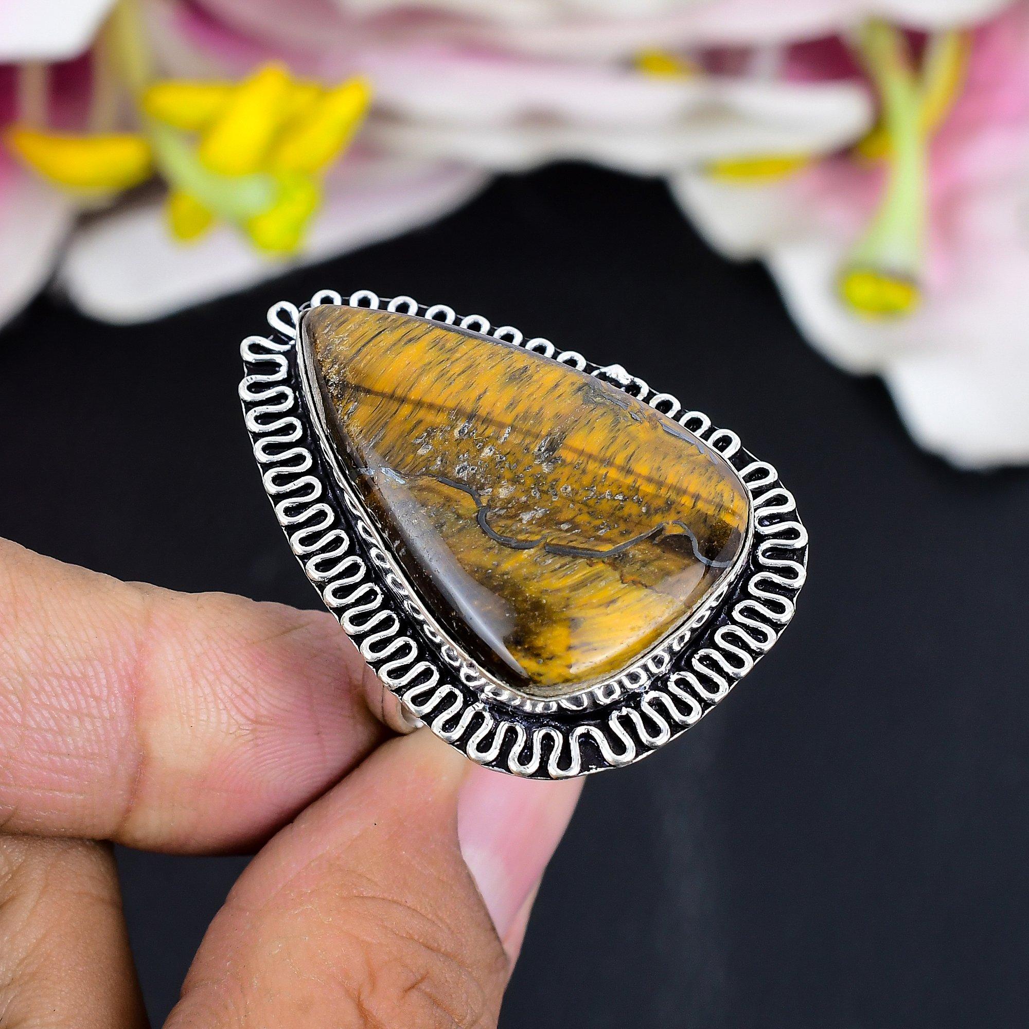 

Tiger Eye Gemstone Handmade 925 Sterling Silver Jewelry Ring Size 10 KG-1676