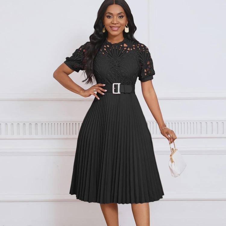 2024 European American Style Women Lace Pleated Short Sleeve Dress
