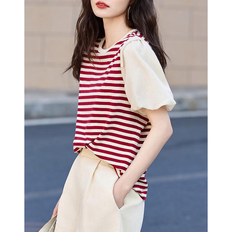 Demana Women s American Retro Striped Puff Sleeve T-Shirt S