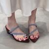 Cowhide version~ retro pointed thick heel heightened one-word set of toe slippers women's summer new French wedge heel toe sandals