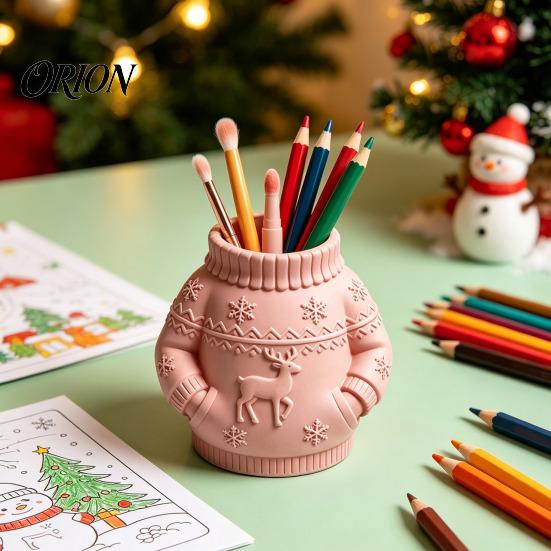 Cute Festive Gift for Women 3D Printed Sweater Pen Holder, Creative Desk Organizer with Elk Snowflake Relief Home Durable Holder Office School