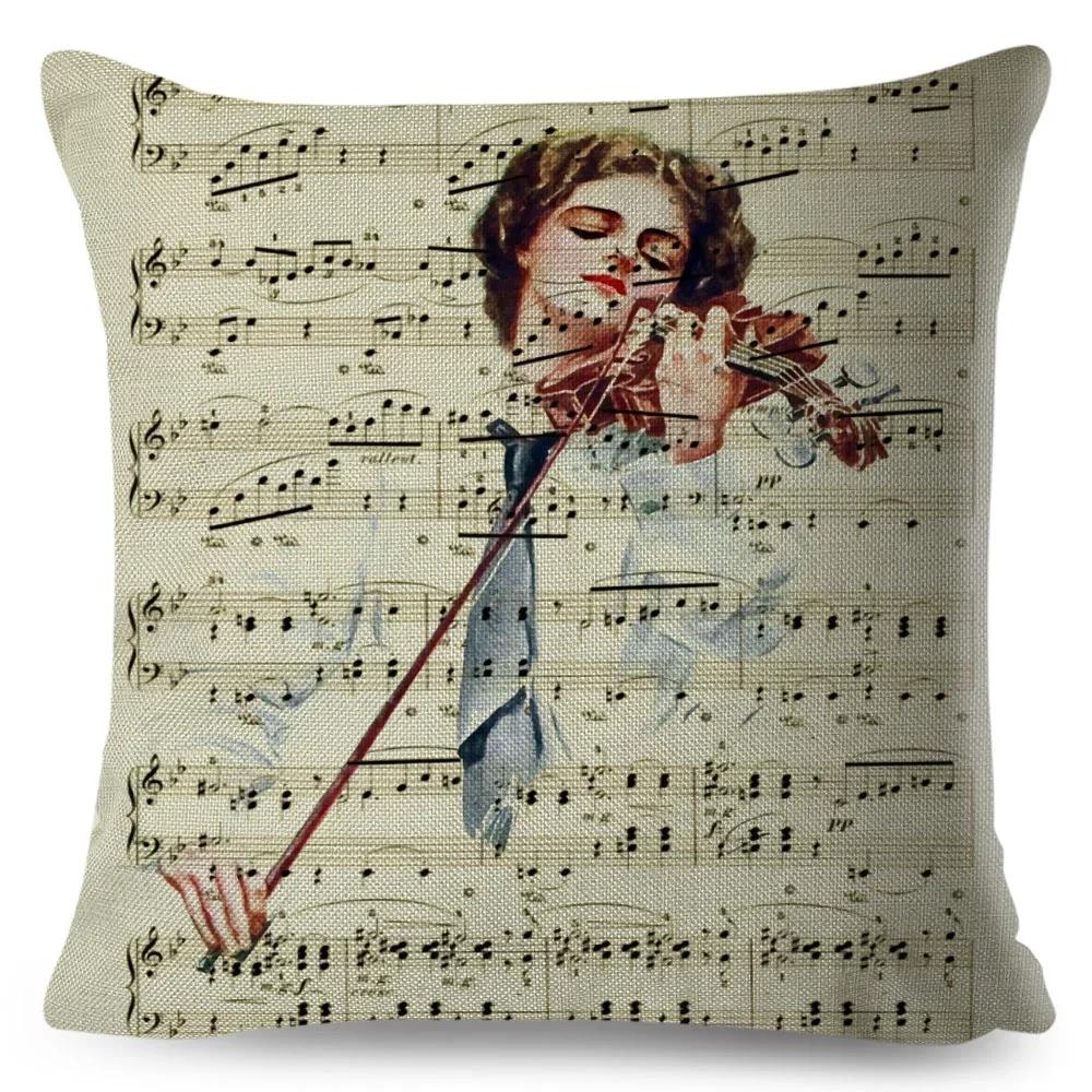 Nordic Style Music Note Pillowcase Decor Vintage Guitar Mike Printed Pillow Case for Home Sofa Polyester Cushion Cover 45x45cm