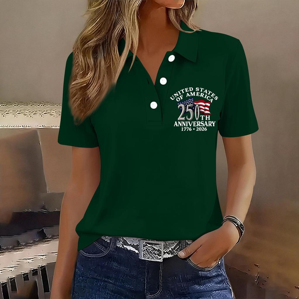 Women's Casual Button Front Short Sleeve Polo Shirt 250th Anniversary United States Printed Top 1776 To 2026 Commemorative Apparel