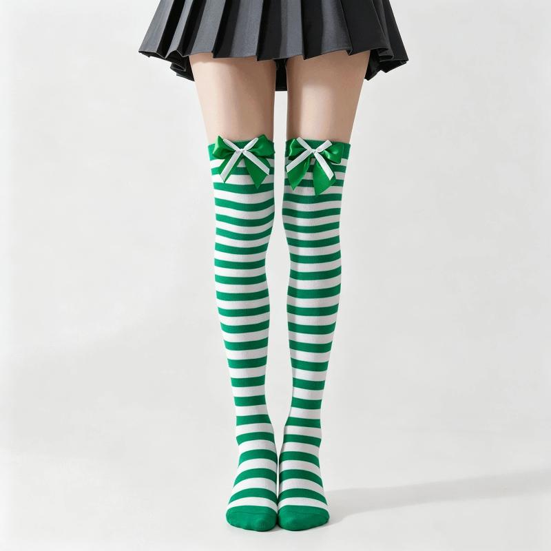 1 Pair Double Bow Decor Striped Over Knee High Socks Soft Skin-friendly for Girls Cosplay Halloween Costume Wear