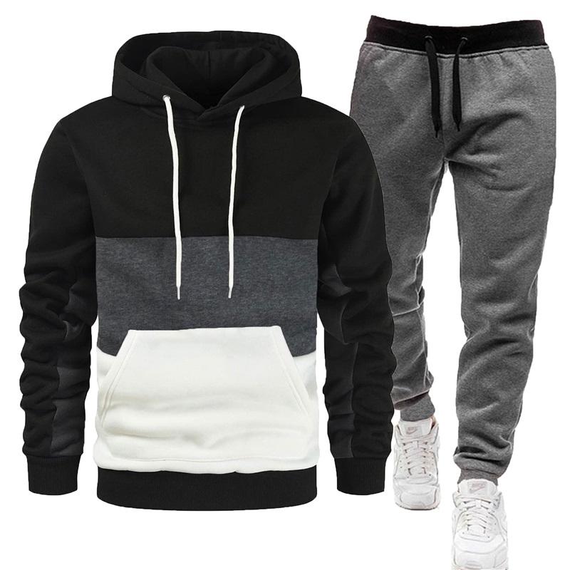 Men's Color Block Hoodie & Sweatpants Set Casual 2PCS Tracksuit, Drawstring Sportswear Outfit