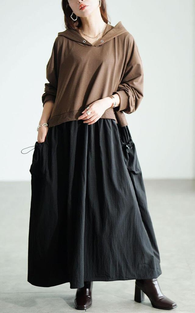 Gold Japan Plus Size Long Sleeve Hoodie with and Sizes Brown Women's Dress, Drawstring, Pockets, Flare, Fall/Spring, LL-3L, (nw-25046)