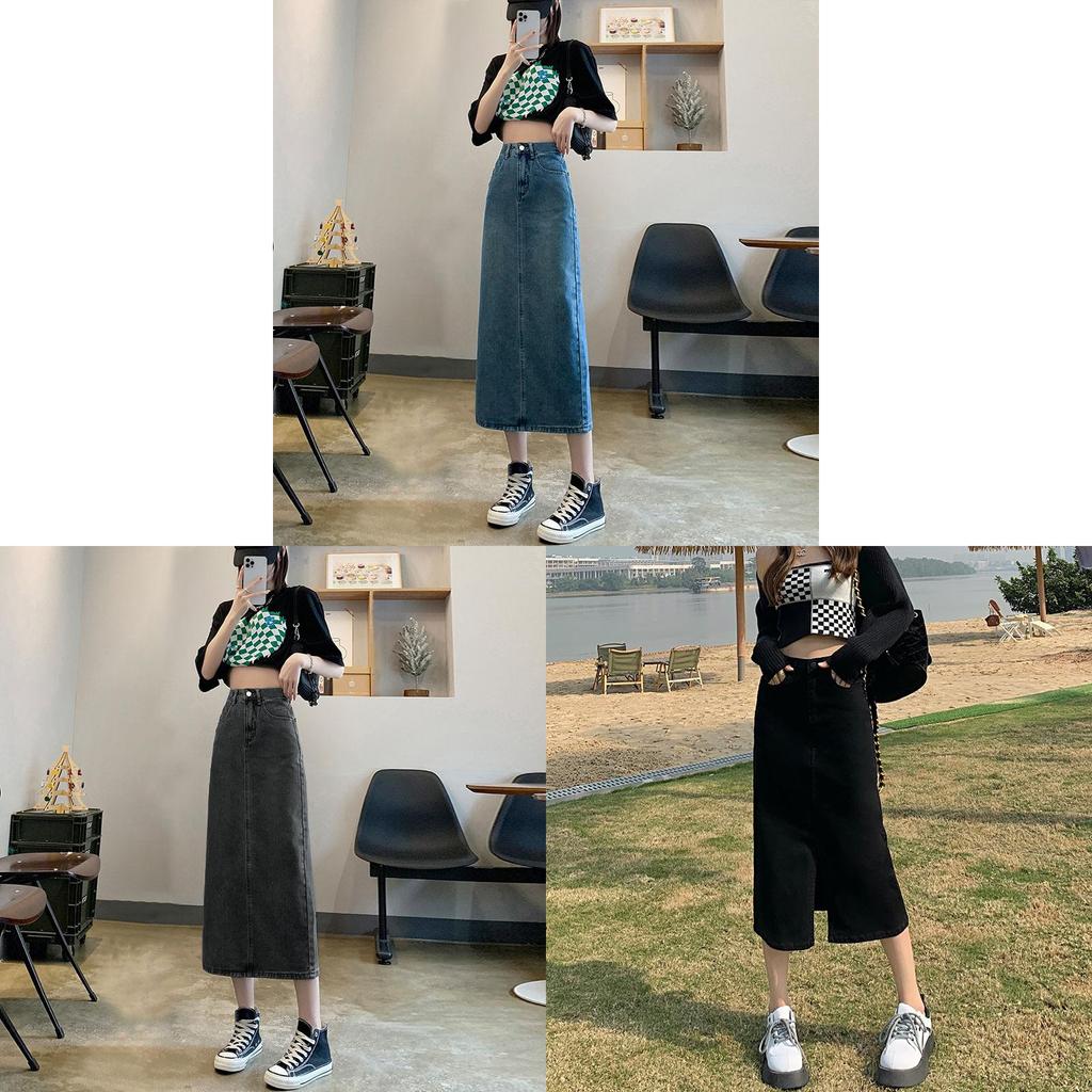 Denim Skirt Waterwash A Line Midi Skirt With Side Slit For Casual Women