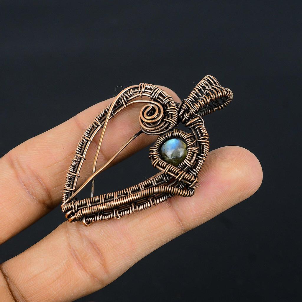 Wisiorek z labradorytu, Ręcznie robiony wisiorek owinięty drutem miedzianym 999, Antyczna biżuteria, Na prezent Srebrna biżuteria