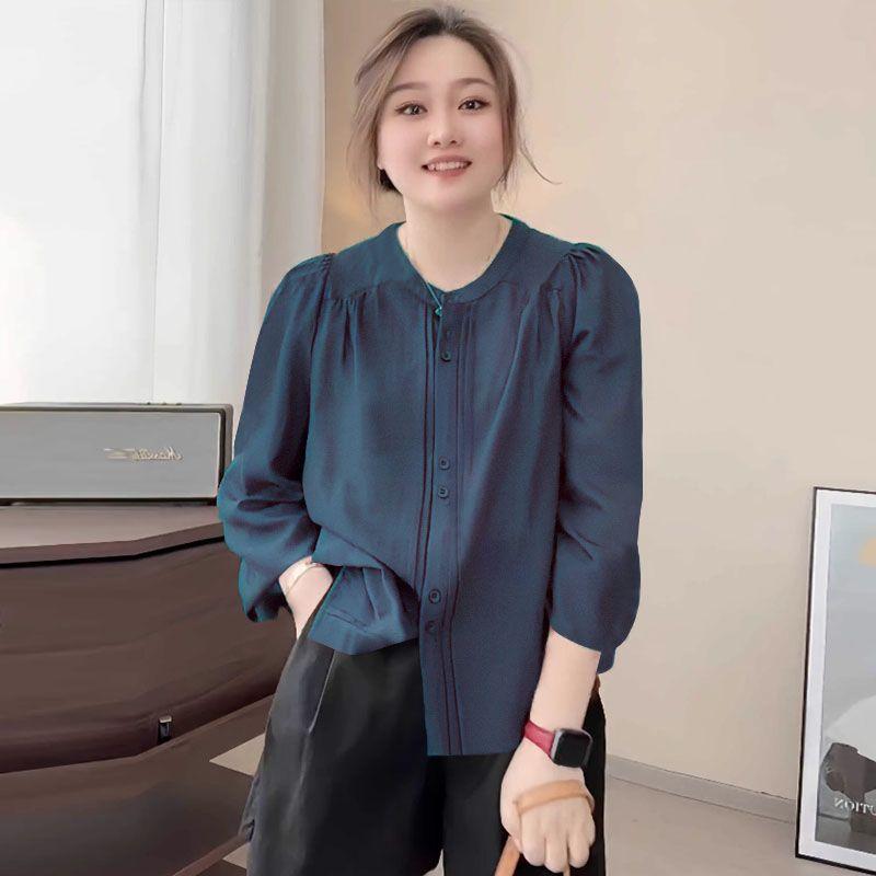 Retro Loose Long Sleeve Casual Round Neck Shirt Women's Fashion Button Splicing Puff Sleeve Temperament Versatile Cardigan