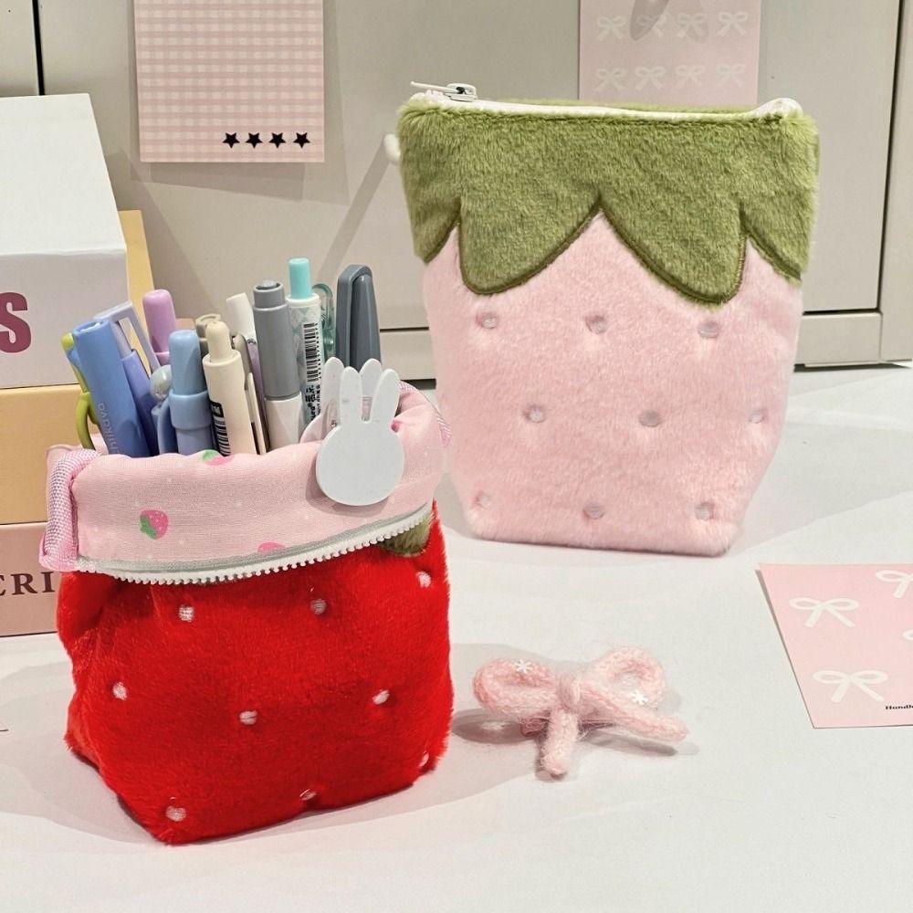 Multi-functional Pencil Case Strawberry Shape Standing Pen Bag Large Capacity Stationery Storage Bag Students
