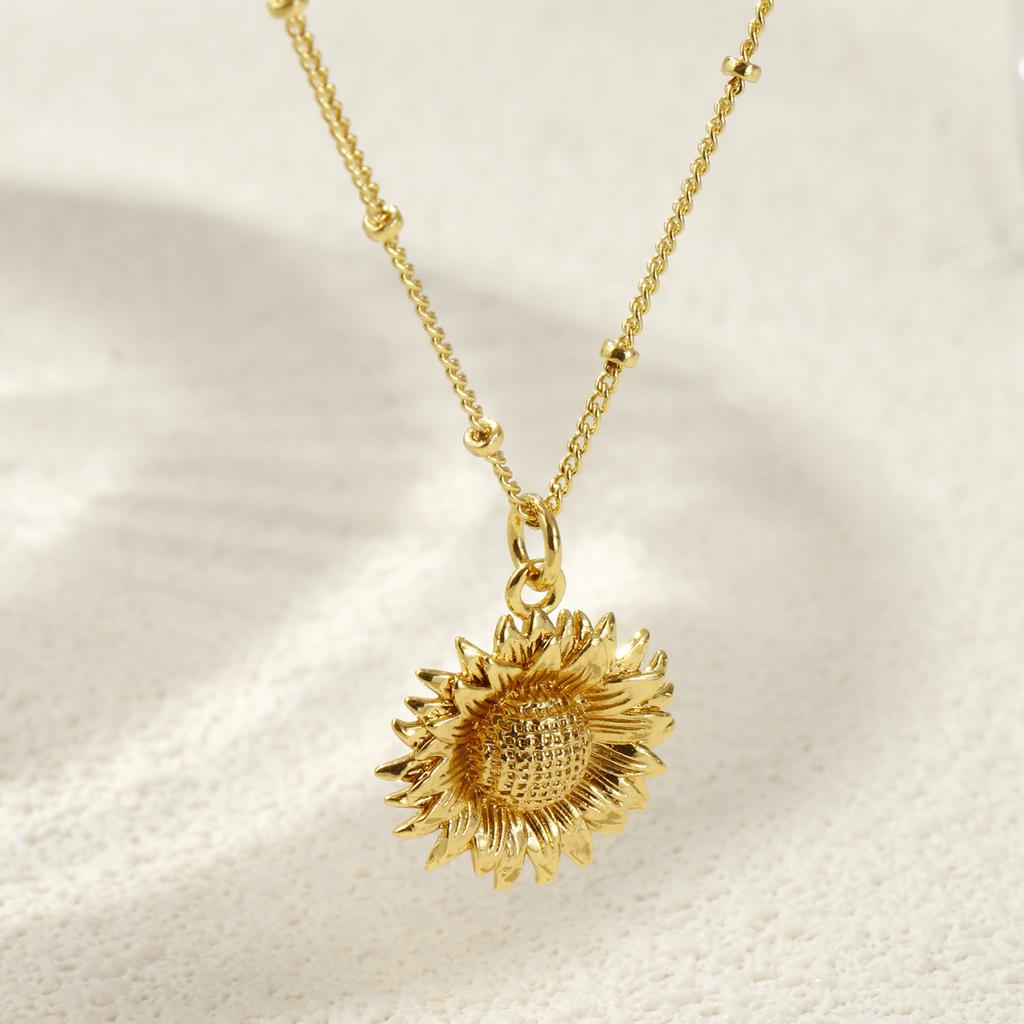 1 Piece Curb Link Chain Sunflower 18K Gold Plated Pendant Charm Necklace Brass 45cm(17.7") + 5cm(2") For Women Jewelry Gift