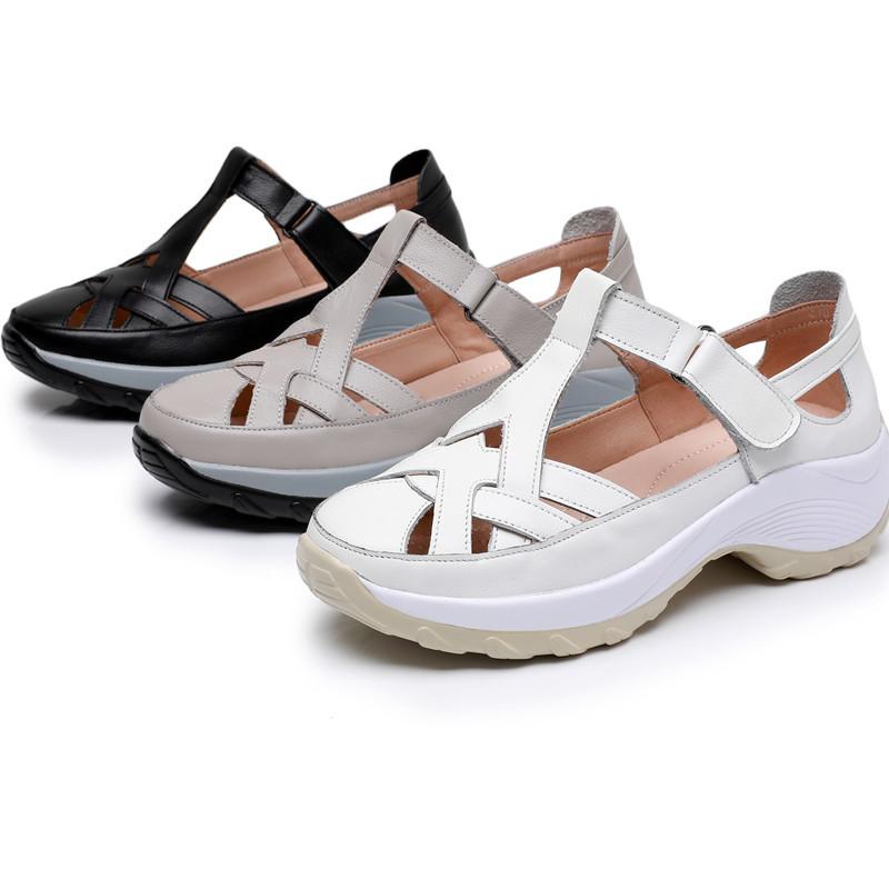 Fashion GKTINOO Women Platform Sandals Genuine Leather Comfy Flats Comfortable Ladies Casual Shoes White Sneakers Hollow Female Sandals