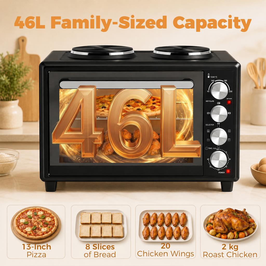 46L Mini Oven with Dual Hot Plates, Electric Countertop Cooker with Convection, 90–230 degrees C Adjustable Temperature