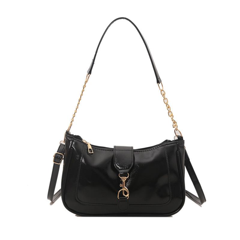 Solid Metal Color Buckle Small Ladies Shoulder Bag Zipper Closure Street Pocket