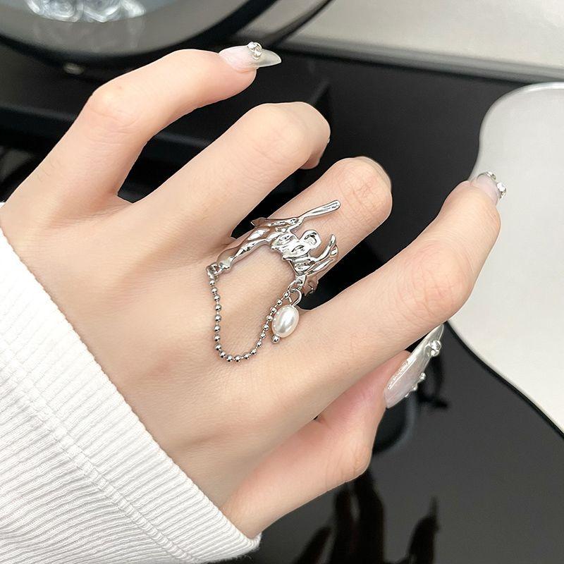 Niche Design Sense Chain Personality Pearl French Irregular High Sense Fashion Retro Open Ring Women