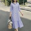 Vestito casual da donna a righe, con colletto rovesciato, manica a 3/4, vestibilità ampia