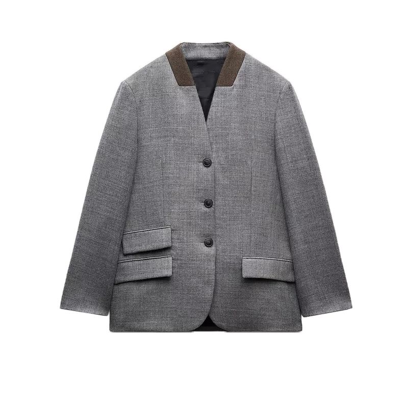 

Весна Новинка Женская одежда Модный стиль Свободный Длинные рукава Однобортный Костюм из шерстяной смеси Верхняя одежда 8916779 Striper Gray L