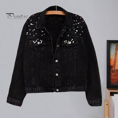 Casaco de inverno feminino com decoração de contas, tamanho grande, mangas compridas, gola virada para baixo, bolsos no peito, fecho de botão, casaco curto, casual, streetwear, casacos jeans