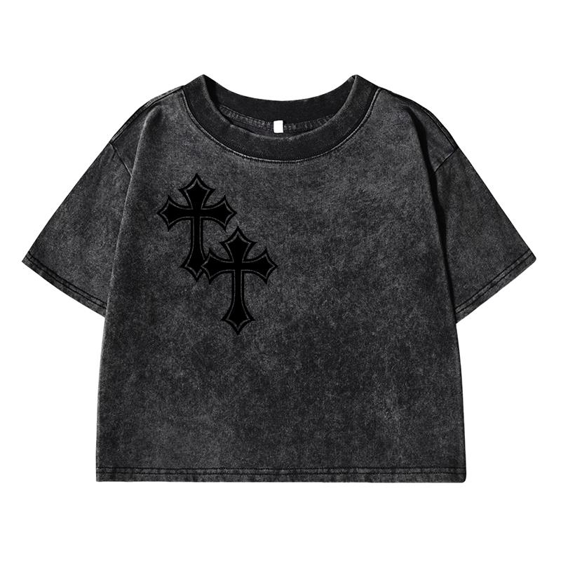 Funny Cross Pattern Printing Women Washed Short T Shirt Summer Midriff-Baring Tshirt Street Casual Distress Top
