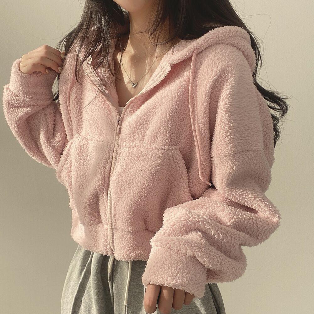 Sherpa Hoodie Women Autumn Winter Thick Warm Plush Jacket Short Zipper Hooded Coat Women