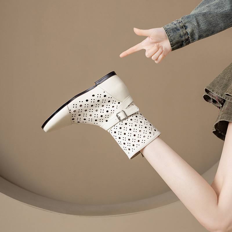 Krazing Pot Cow Split Leather Round Toe Size 43 Increaseing Summer Boots Fashion Hollow Decorations Buckle Summer Boots