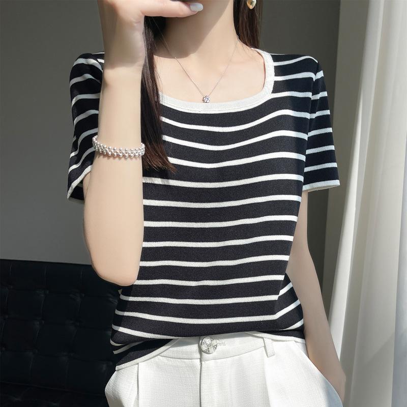 

Полосатый вязаный свитер с короткими рукавами женский летний новый свободный модный универсальный топ для ношения под низ XXL чёрный