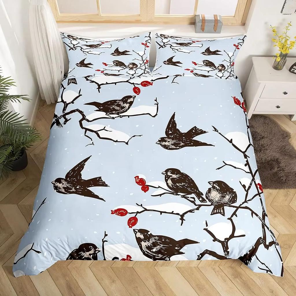 Cartoon Birds Duvet Cover Set Watercolor Branches Animal Bedding Set Comforter Cover Adults Kids Single Full Size Quilt Covers
