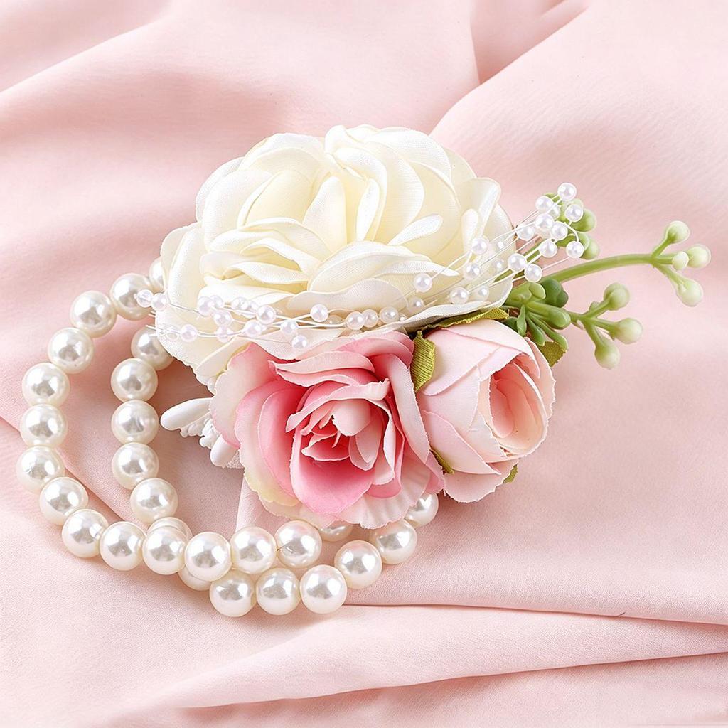 Cross-Border Milk Tea Rose Beaded Wrist Corsage Wedding Groomsman Brooch