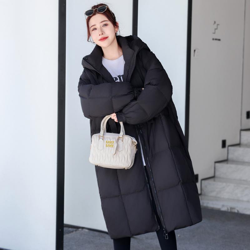 

Пуховик женский с капюшоном, утолщенный, с лентами, длинный, на пуху, большая стеганая куртка до колена, повседневная женская куртка M чёрный