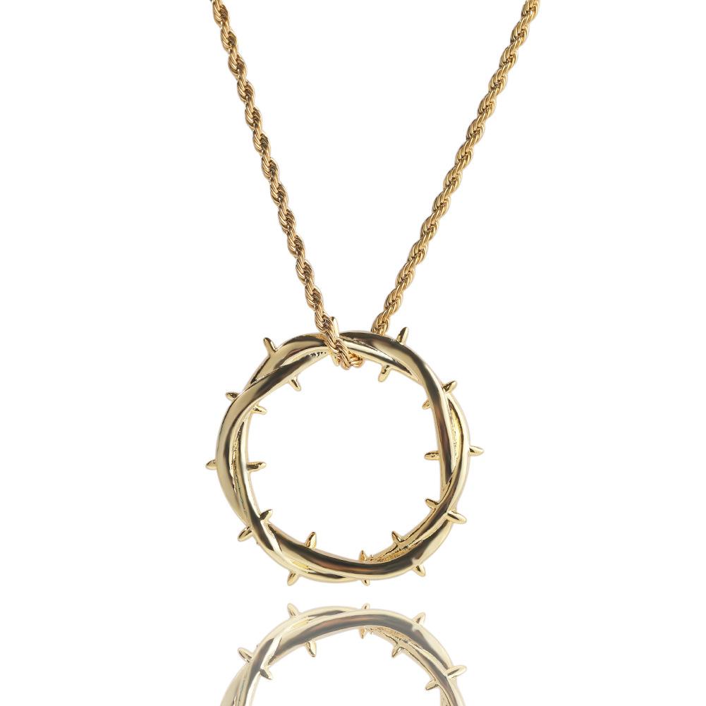 Vintage Retro Men's Trendy Brass 18K Gold Plated Zircon Inlaid Hip Hop Iced Out CZ Rope Chain Crown of Thorns Pendant Necklace