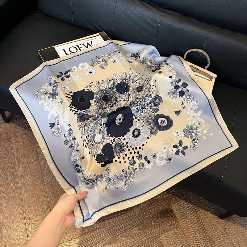 Fashion Black and White Printing Temperament Square Scarf Imitation Silk Korean Version Decorative Scarf Scarf Professional Decorative Shawl Silk Scar