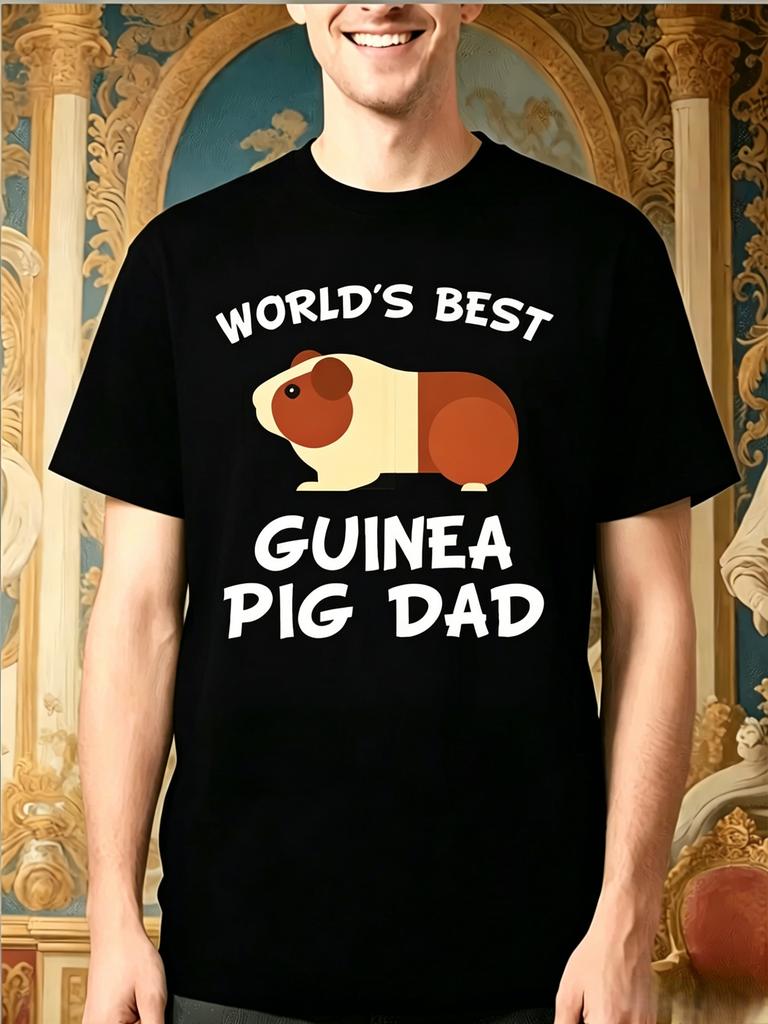 Unisex Black Tee Worlds Best Guinea Pig Dad Cute Pet Graphic Print Short Sleeve Loose Casual Top For Adult Male Daily Street Wear