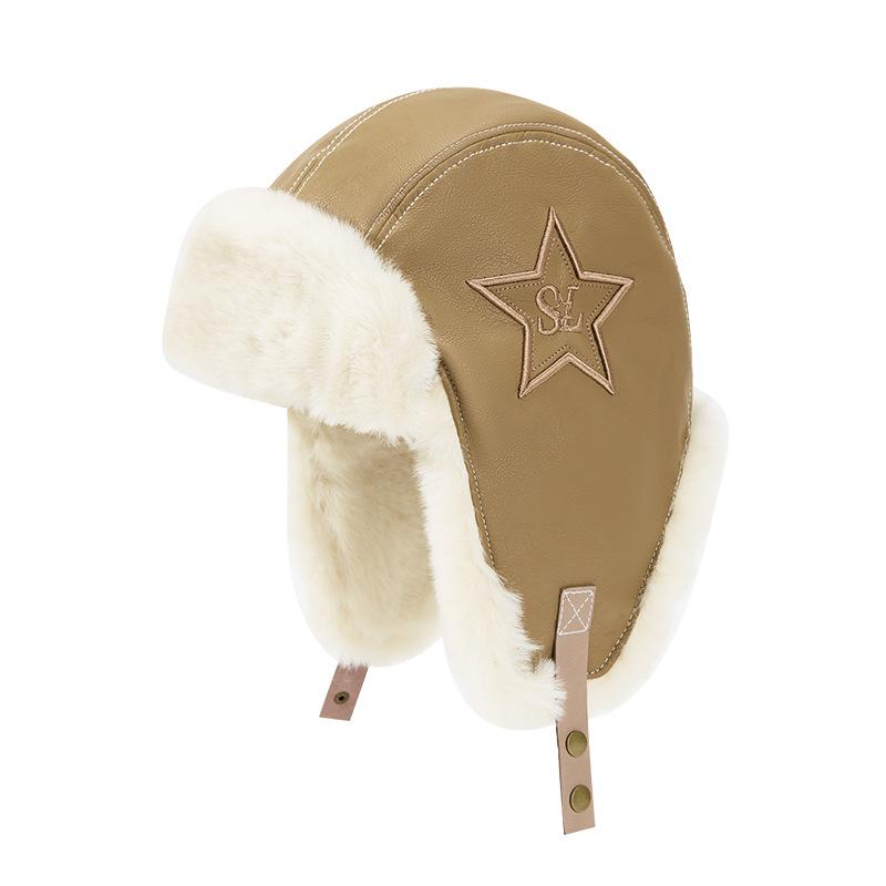 Vintage star leather, velvet, thickened warm and cold ear protector, ski riding cap.