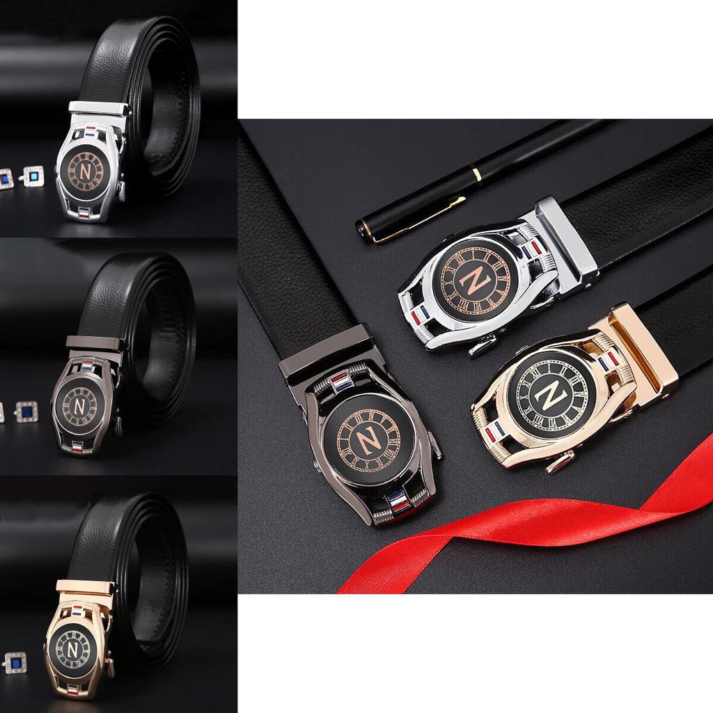 Minimalist True Leather Belt With Compass Alloy Automatic Buckle For Business And Casual Style